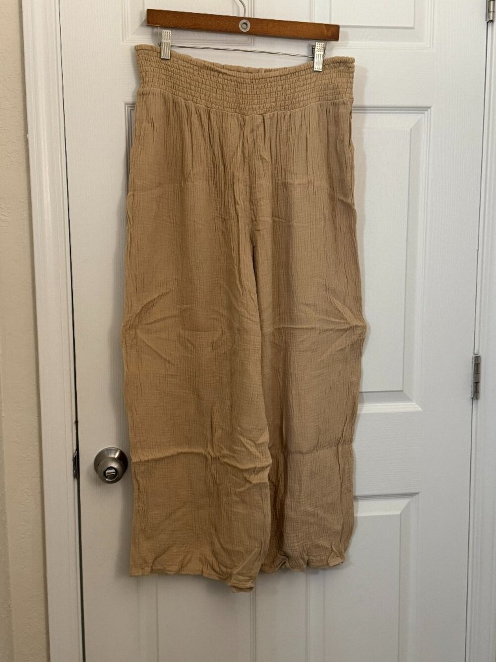 Jolie & Joy Cotton Gauze Smocked Wide Leg Pants - Tan/Beige
